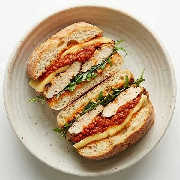 Chicken romesco sandwich with mature cheese